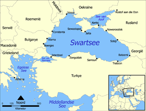 Kaart van die Swartsee met die See van Asof net noord daarvan.
